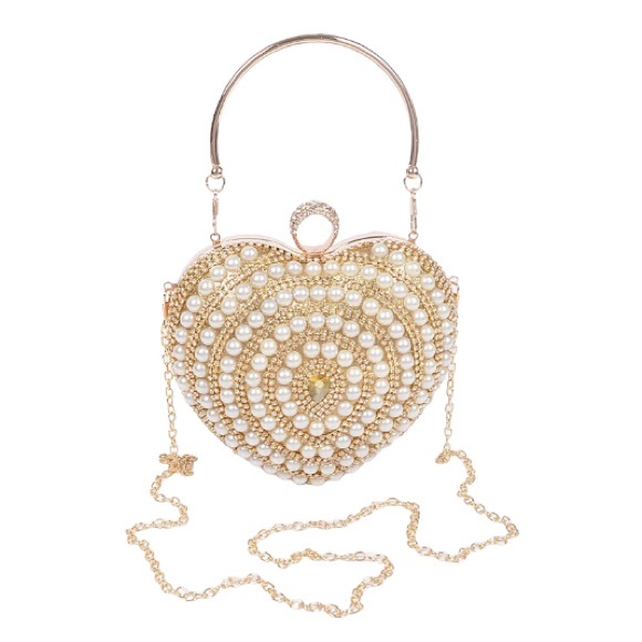 Elegant Gold Rhinestone & Pearl Accent Heart Shape Box Clutch - Picture 2 of 7